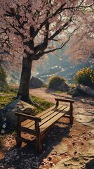 A peaceful garden with a wooden bench under a blossoming cherry tree, providing a serene and immersive