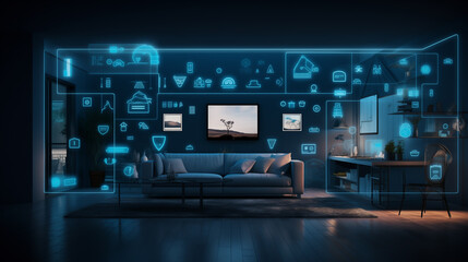Smart Living: sleek modern living room with illuminated digital smart home icons on wall