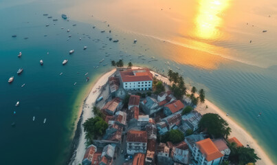 Aerial view of Nungwi beach in Zanzibar, Tanzania with luxury resort and turquoise ocean water. Toned image.