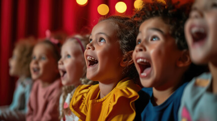 surprised happy delighted children watching show at circus or movie in cinema, kids, toddler, emotional, face, portrait, person, childhood, joy, people, performance