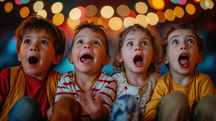 Fototapeta na wymiar surprised happy delighted children watching show at circus or movie in cinema, kids, toddler, emotional, face, portrait, person, childhood, joy, people, performance