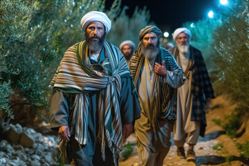 Fototapeta premium Apostles on the Mount of Olives, group of men walk along the path at night, biblical scene of Maundy Thursday