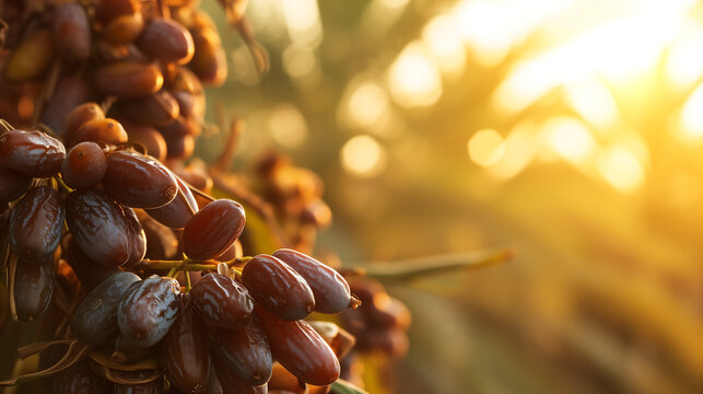 Close-up shot of dates, highlighting the texture and richness of the dates against palm tree