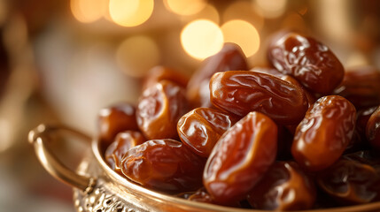 A bowl of dates with bokeh background, beautifully decorated for Ramadan month