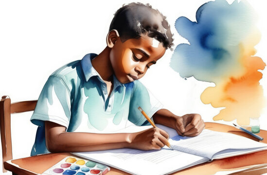 African American boy doing homework at table, watercolor illustration. children's education