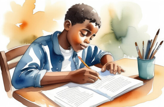 African American boy doing homework at table, watercolor illustration. children's education