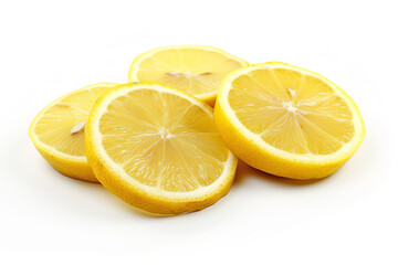 A close-up view of bright, juicy lemon slices against a clean white background, highlighting their vibrant yellow color and citrus texture