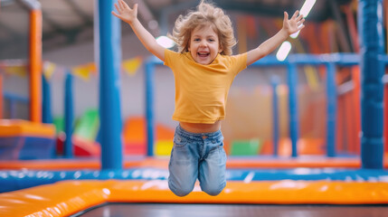 cheerful happy child jumping on a trampoline in a children's play center, kid, toddler, boy, girl, childhood, sport, active recreation, hobby, portrait, smile, emotional face, person, high, playground