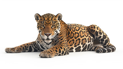 A detailed image of a majestic jaguar, its vibrant coat adorned with intricate patterns of spots and rosettes, resting against a stark white background