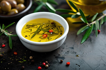 A vibrant image showcasing a bowl of golden olive oil infused with fresh herbs, red chili slices, and surrounded by olives and spices