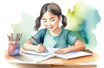 little asian girl doing homework at table, watercolor illustration. children's education