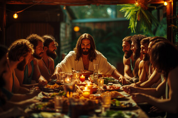 Last Supper of Jesus of Nazareth, biblical scene of the celebration banquet with food and drink of Jesus Christ and his apostles on Maundy Thursday