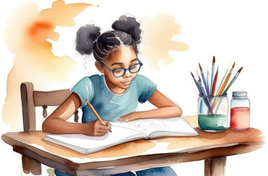 African American girl doing homework at table, watercolor illustration. children's education