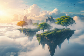 Mystical floating islands, landscape showcasing islands suspended in the air.