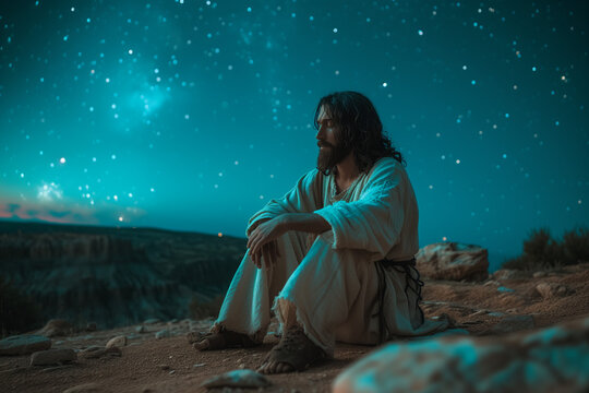 Jesus of Nazareth praying in Gethsemane, asking God for answers, solemn moment of peace under a starry and celestial galactic sky on Maundy Thursday