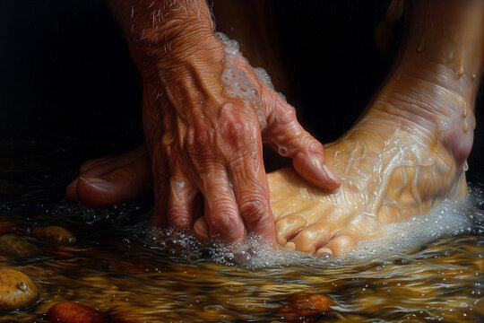 Jesus washing an apostle's feet, close-up detail of a painting of the foot washing on Maundy Thursday