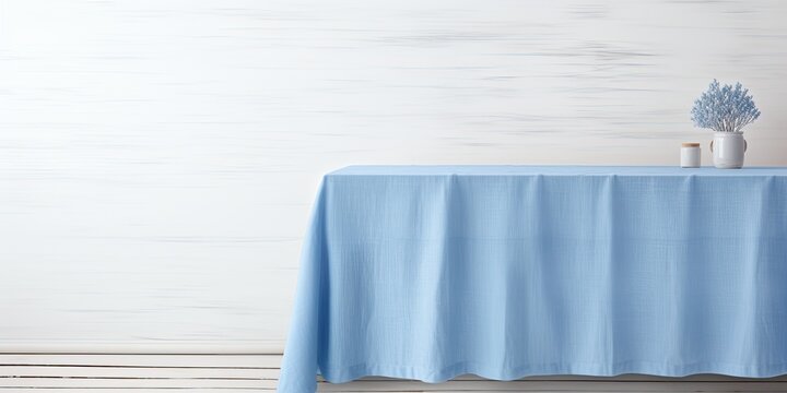 Mock up design featuring a blue tablecloth on a white wooden table with copy space.