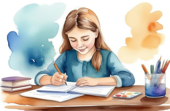 little Caucasian girl doing homework at table, watercolor illustration. children's education