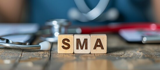 Wooden blocks spelling out "SMA" alongside a stethoscope, representing a rare health condition called Spinal Muscular Atrophy.