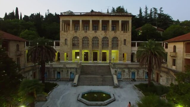 Illuminated territory of forsaken sanatorium named by Ordjonikidze 