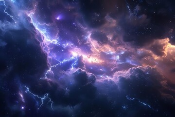 A cosmic storm with electrifying lightning and swirling gas clouds in deep space