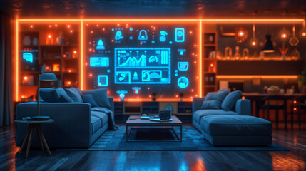 Digital Home Theater: cinema room illuminated by holographic smart technology for entertainment