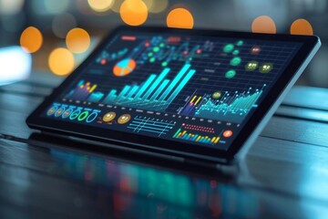 A digital tablet displaying a 3d graph and analytics data