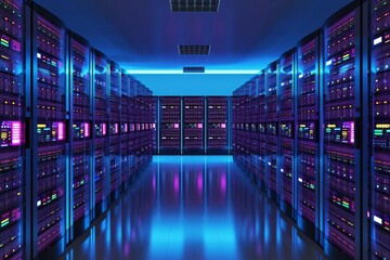A network server room with rows of servers and glowing led lights