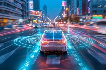 A self-driving car navigating through a smart city with iot infrastructure - obrazy, fototapety, plakaty
