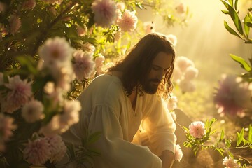 A serene image of jesus in a tranquil garden Surrounded by light and blooming flowers