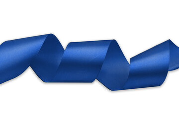 Blue satin ribbol isolated on white. Closeup shiny material ribbon. Cutout material fabric strap....