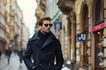 Obraz premium Male model in a tailored peacoat Strolling through a historic european city