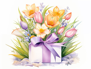 Illustration watercolor with spring flowers and gift box on white background