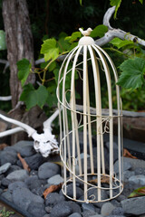 tall bird cage with skull
