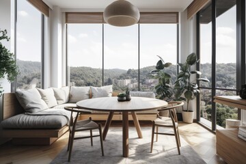 Fototapeta premium a living area with a sofa next to a glass window with views and a round pine wood dining table in the corner