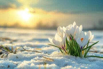 The first flowers under the snow in early spring. Background with selective focus and copy space