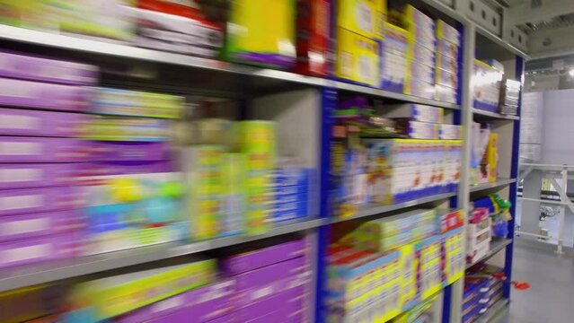 Lot of products lay on shelves in storage facilities