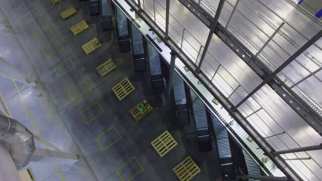 Conveyer moves parcels in storage hangar of Ozon company. Aerial view