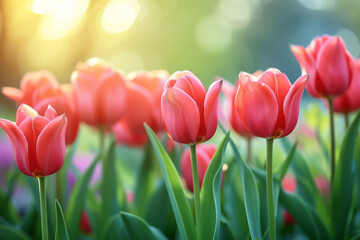 Spring tulips with sunlight. Background with selective focus and copy space
