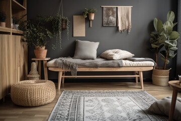 With a wooden seat, a grey sofa, pillows, palid, a mock up picture frame, macrame, a plant, books, a carpet, decorations, and tasteful personal accessories, the Scandinavian interior design has an ope