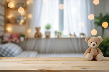 Empty wooden table, desk or shelf with blurred view of modern children bedroom