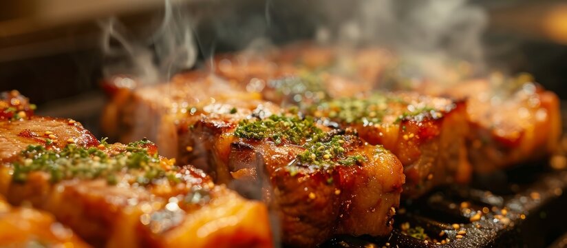 Grilling pork on a hot pan for a party, cooking roast meat with smoky flavors, showcasing a delicious menu of close-up food photos.