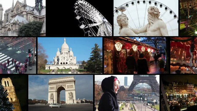 Collage with Notre-Dame, happy woman, Eiffel Tower, Montmartre in Paris, France