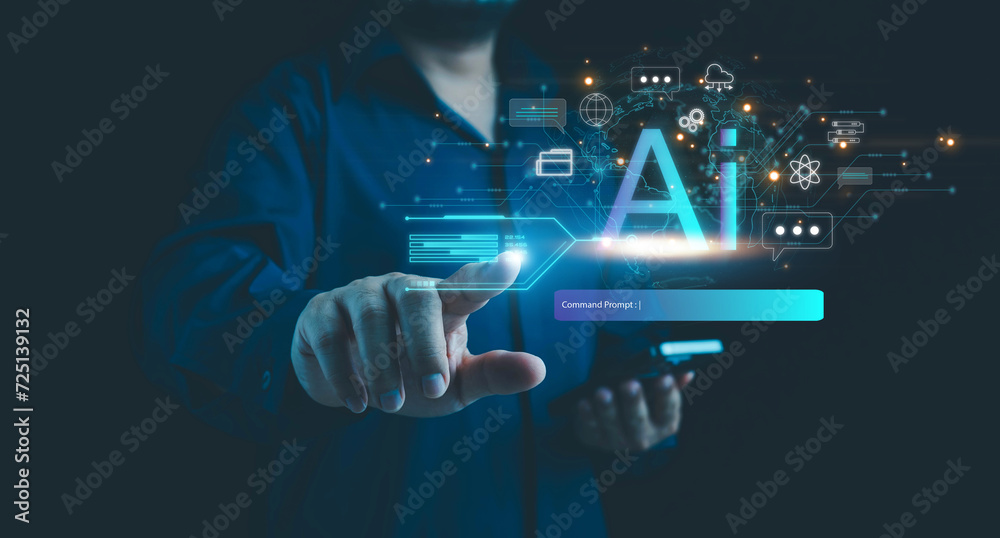 Poster ai technology, businessman show virtual graphic global internet connect chat with ai, artificial int