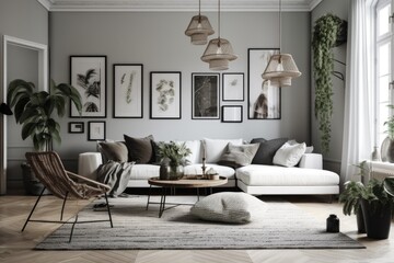 With sufficient space, a corner sofa, a coffee table, textiles, and individual decorations, the living room is stylish and comfortable. Scandinavian traditional fashion