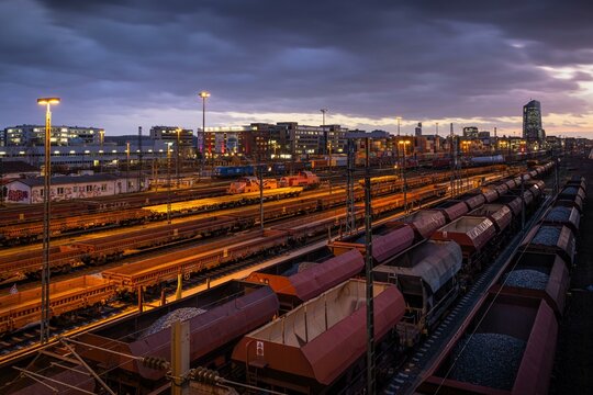 Numerous wagons are parked at the Frankfurt East freight station, near the European Central Bank (ECB) . The German Train Drivers' Union (GDL) is striking across the board in passenger transport from