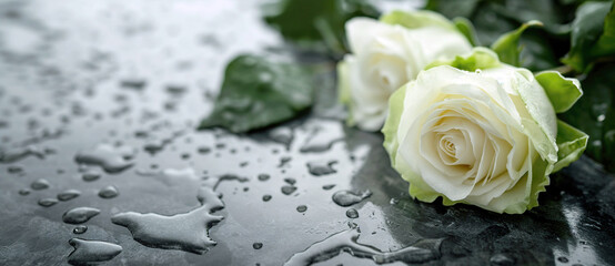 White roses on a wet, black background, highlighting natural elegance.