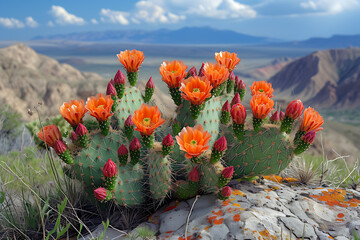 Cactus with red flowers on hills, in rich color sky style. - obrazy, fototapety, plakaty