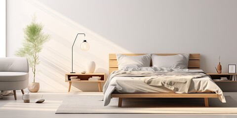 Fototapeta na wymiar Minimalist ad for modern home with double bed, cozy accessories, and bright bedroom interior.