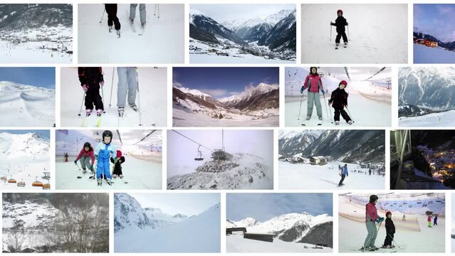 Resort with moutains and happy skiers train at winter (3 models), collage